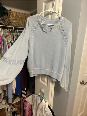 Aerie Light Blue Lace-Trim Pullover Sweatshirt